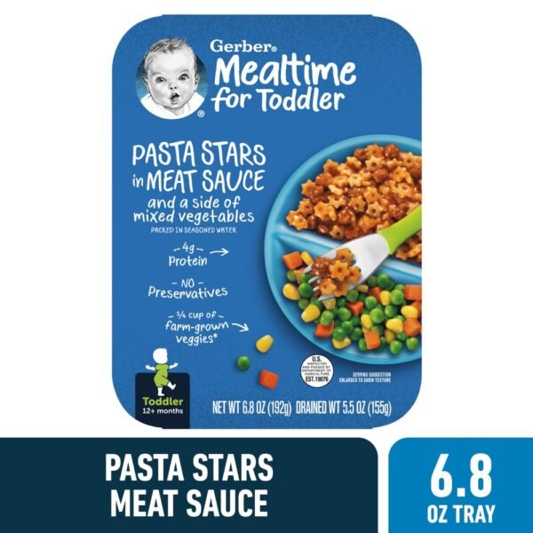 Gerber Mealtime for Toddler Pasta Stars in Meat Sauce and a side of Mixed Vegetables Toddler Food