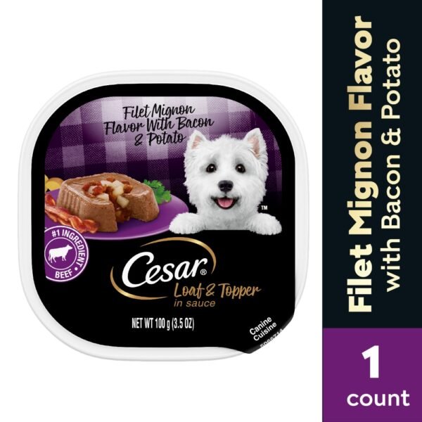 Cesar Adult Soft Wet Dog Food Filet Mignon Bacon & Potato Loaf & Topper in Sauce