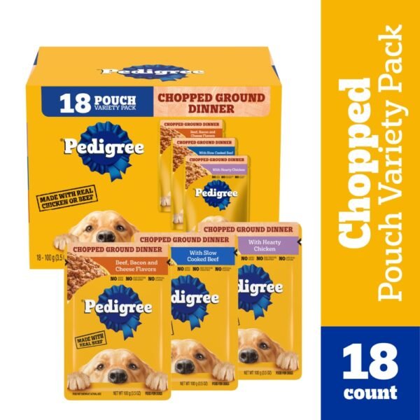 Pedigree Chopped Ground Dinner Adult Soft Wet Dog Food Pouches Chicken Beef Bacon & Cheese