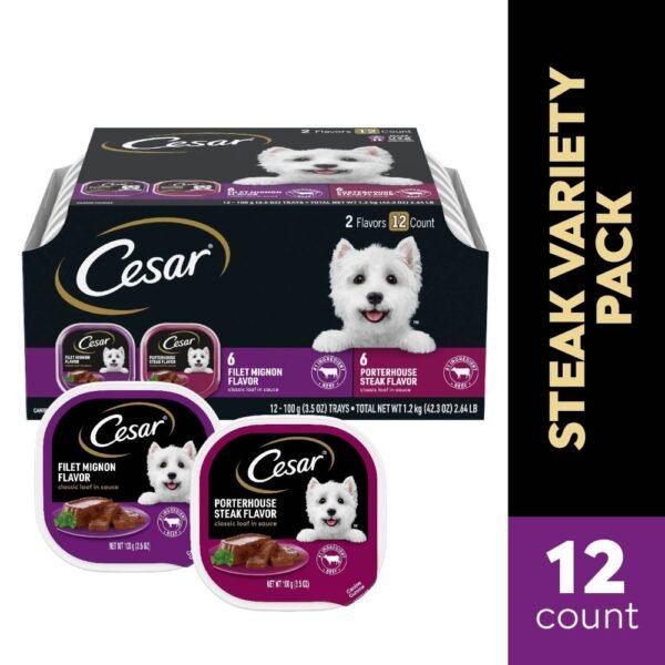 Cesar Adult Soft Wet Dog Food Filet Mignon & Porterhouse Steak Classic Loaf in Sauce Variety Pack