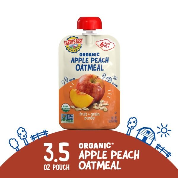 Earth's Best Organic Baby Food Pouches, 6+ Months, Fruit & Grain Puree, Apple Peach Oatmeal