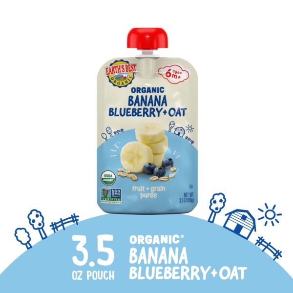Earth's Best Organic Baby Food Pouches, 6+ Months, Fruit & Grain Puree, Banana Blueberry Oat