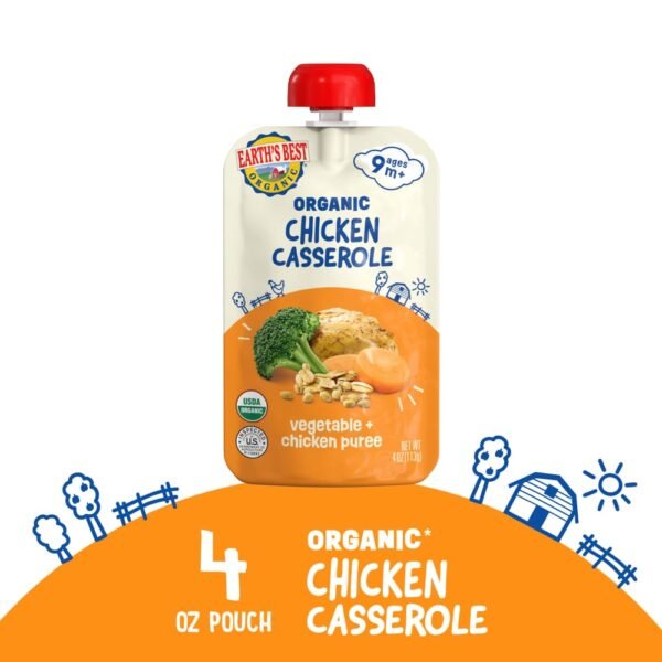 Earth's Best Organic Baby Food Pouches, 9+ Months, Chicken, Veggie, & Rice Puree, Chicken Casserole