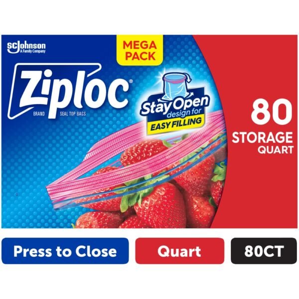Ziploc® Brand Storage Bags with New Stay Open Design, Quart, 80 Count, Microwave Safe, BPA Free
