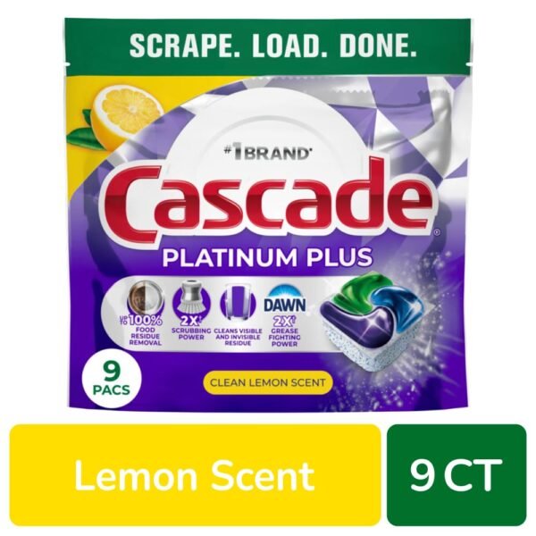 Cascade Platinum Plus Dishwasher Pods, Dishwasher Detergent, Dish Detergent Soap, Lemon, 9 Count