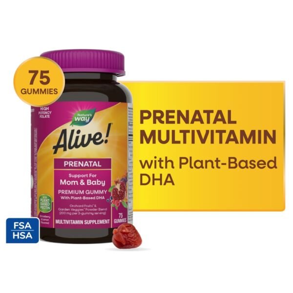 Nature’s Way Alive! Prenatal Premium Multivitamin Plant Based DHA Strawberry And Lemon Flavor Gummy