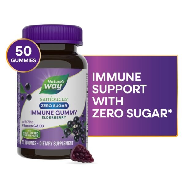 Nature’s Way Sambucus Zero Sugar Immune Black Elderberry Extract Vitamin C D3 Zinc Gummies