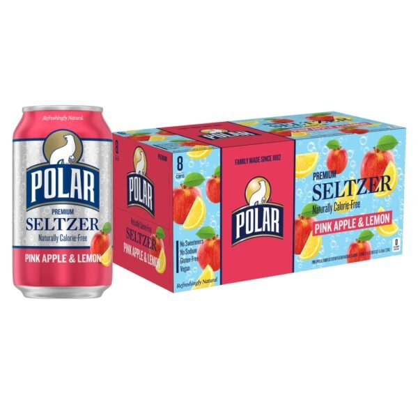 Polar Pink Apple and Lemon Flavored Seltzer Water Cans
