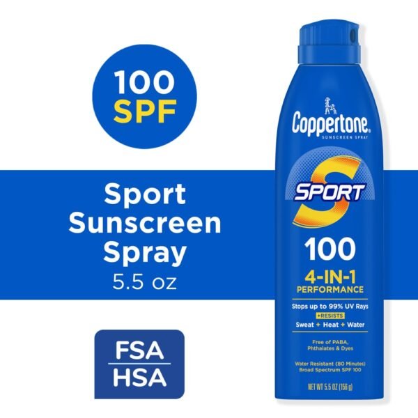 Coppertone Sport Sunscreen Spray, Broad Spectrum SPF 100 Water Resistant Spray Sunscreen