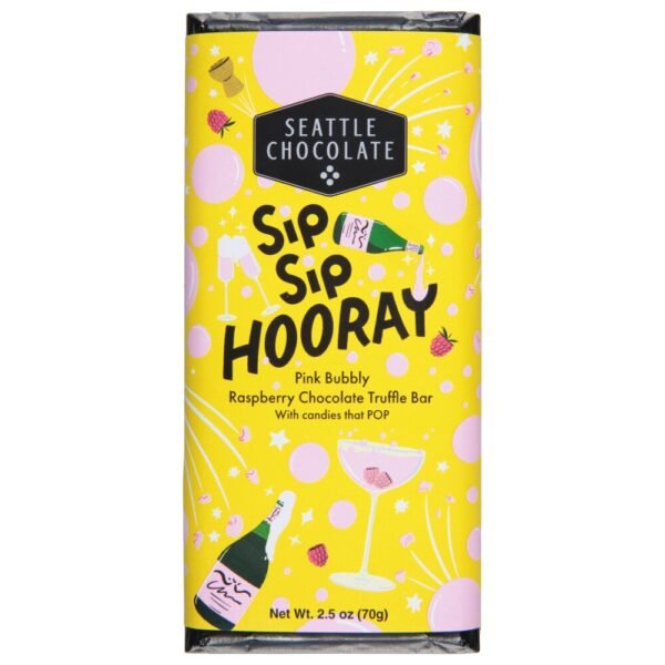 Seattle Chocolate Sip Sip Hooray Raspberry Popping Candy Dark Chocolate Candy Bar
