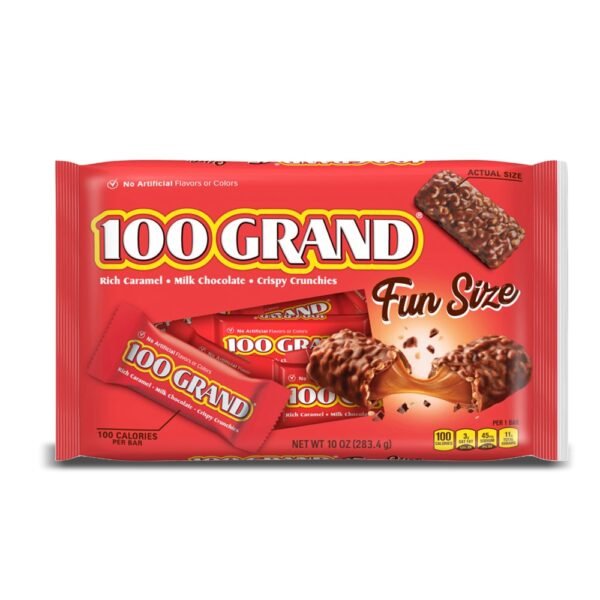 100 Grand Crispy Milk Chocolate with Caramel, Fun Size Individually Wrapped Candy Bars, 10 oz, 1 Bag