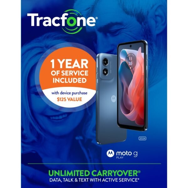 Tracfone Moto G Play with annual plan bundle 1500Min/Txt/MB Prepaid Smartphone