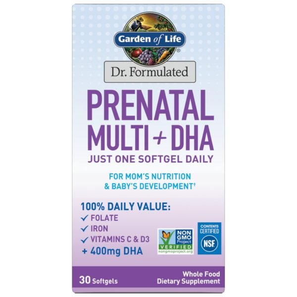 Garden of Life Dr. Formulated Prenatal Multi + DHA with Folate, Iron One a Day Softgels, 400 mg DHA