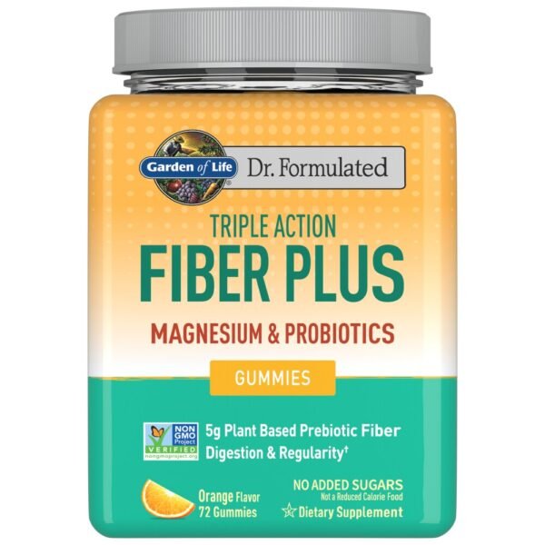 Garden of Life Dr. Formulated Triple Action Fiber Plus Magnesium & Probiotics, Orange Gummies