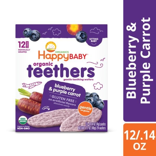 Happy Baby Organic Teethers Gluten Free Gentle Teething Wafers Blueberry & Purple Carrot Box