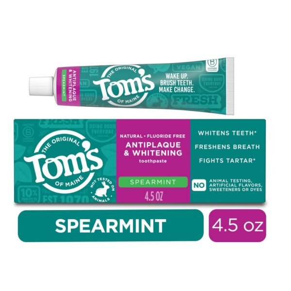 Tom’s of Maine Toothpaste Fluoride Free with Antiplaque & Whitening Spearmint Flavor