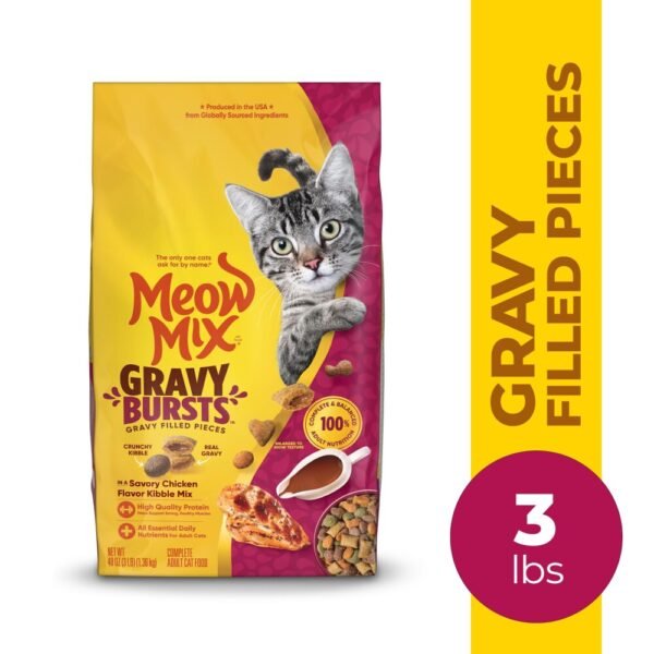 Meow Mix Gravy Bursts Savory Chicken Flavor Mix with Gravy Filled Pieces, Dry Cat Food, 3 Pound Bag