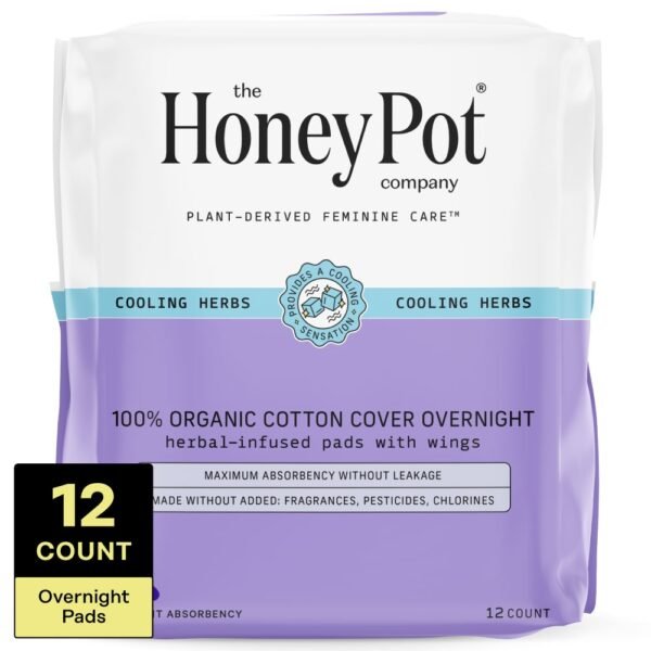 The Honey Pot® Overnight Pads with Wings 100% Organic Cotton Cover Heavy Absorbency Herbal Infused