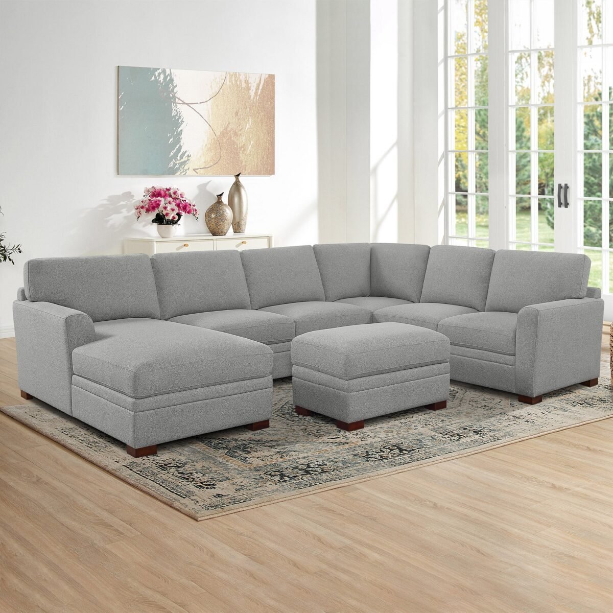 Thomasville Langdon Fabric Sectional with Chaise and Storage Ottoman, Gray - Image 1