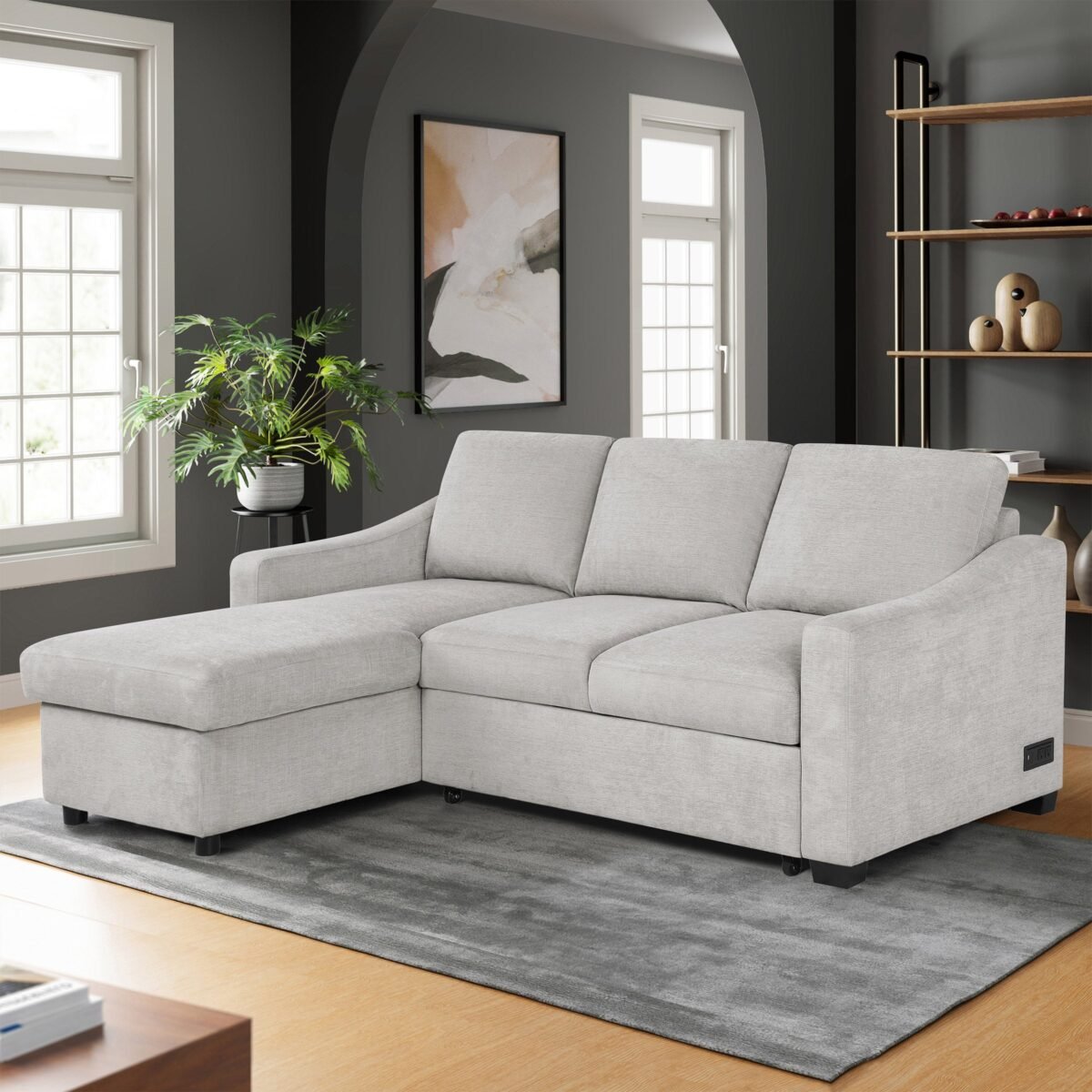 Coddle Aria Fabric Sleeper Sofa with Reversible Chaise and Storage, Beige - Image 1